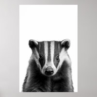 Badger Woodland Modern Portrait black white  