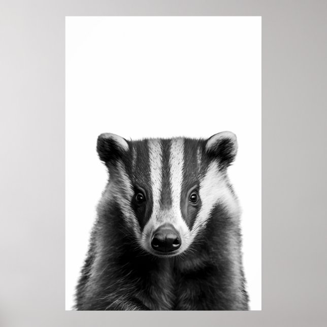 Badger Woodland Modern Portrait black white   Poster (Front)