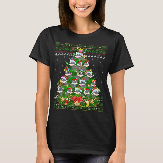 Badger Xmas Lighting Tree Santa Badger Ugly Christ T-Shirt (Front)