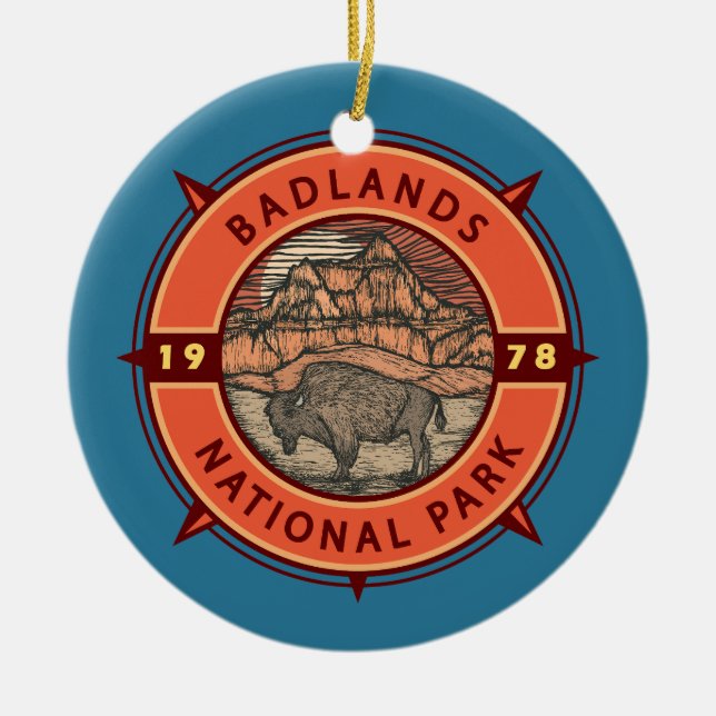 Badlands National Park Buffalo Retro Compass Ceramic Tree Decoration (Front)