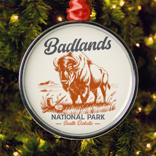 Badlands National Park Retro Bison Artwork Gift Metal Tree Decoration