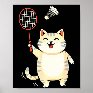 Badminton Cat Cartoon Art, Funny Cat Design For Ca Poster