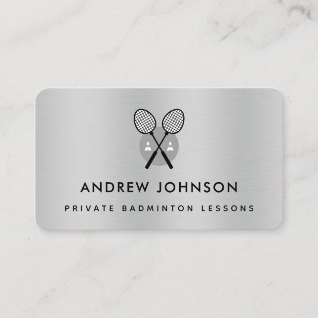 Badminton Coach Silver Metallic Rackets Logo Sport Business Card (Front)