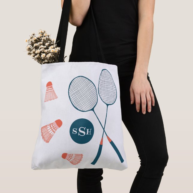 Badminton illustration vintage tote MONOGRAMMED Bag (Close Up)