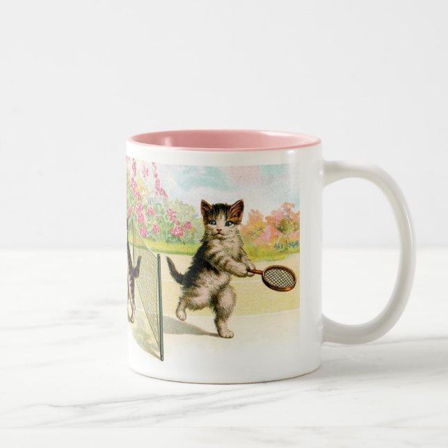 Badminton Kittens Vintage Art Two-Tone Coffee Mug (Right)
