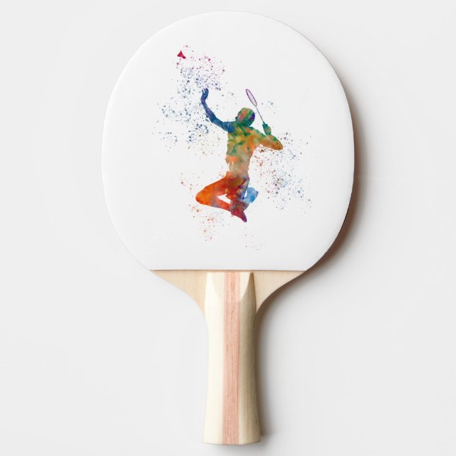 Badminton player in watercolor ping pong paddle (Front)