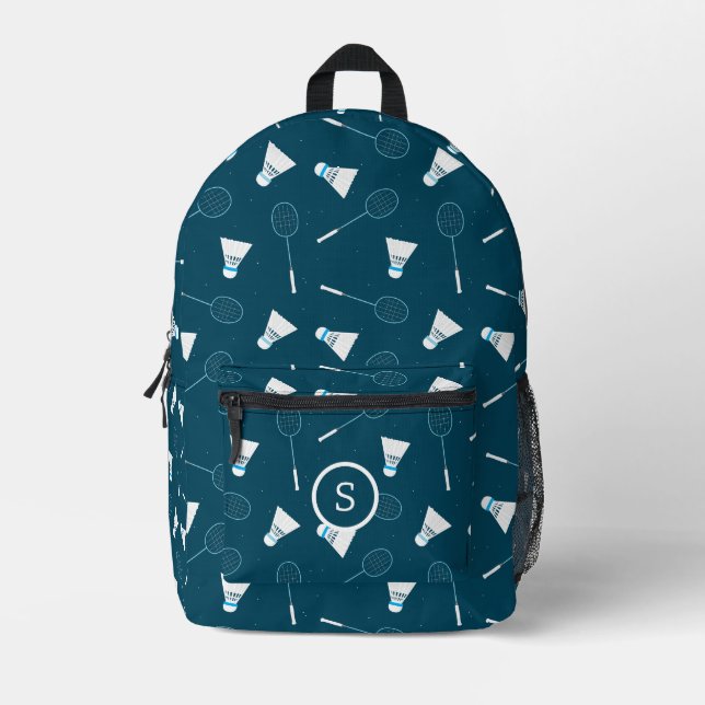 Badminton Player Shuttlecocks and Rackets Monogram Printed Backpack (Front)