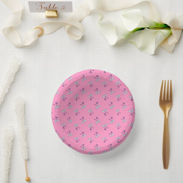 Badminton Racquet Pattern Pink Paper Plate (Wedding)