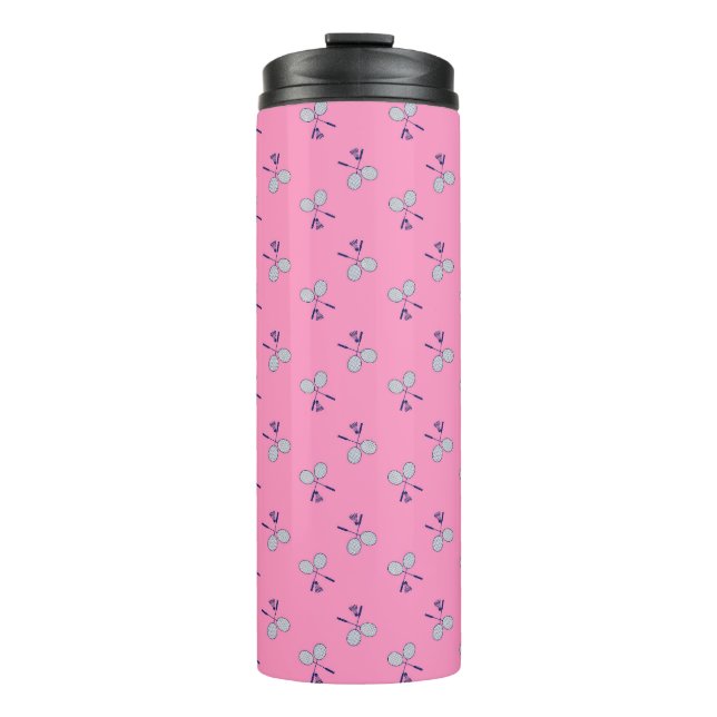 Badminton Racquet Pattern Pink Thermal Tumbler (Front)