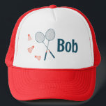 Badminton Racquets & Birdies Fun Cute CUSTOM NAME Trucker Hat<br><div class="desc">Add your name or other text to this fun Badminton trucker hat. Badminton is badass don't let anyone say otherwise. Hand drawn art just for you! Check my shop for more badminton designs like towels, stickers, mugs, gift wrap, greeting cards and more! Let me know if you'd like something custom....</div>