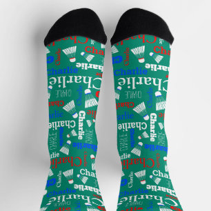 Badminton white, blue, red and green name socks