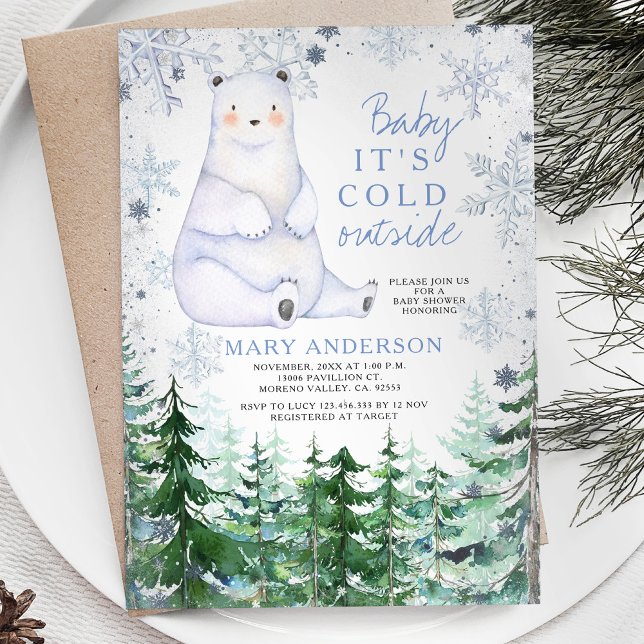 Baer Winter Snowflakes Forest Animal Baby Shower Invitation (Creator Uploaded)