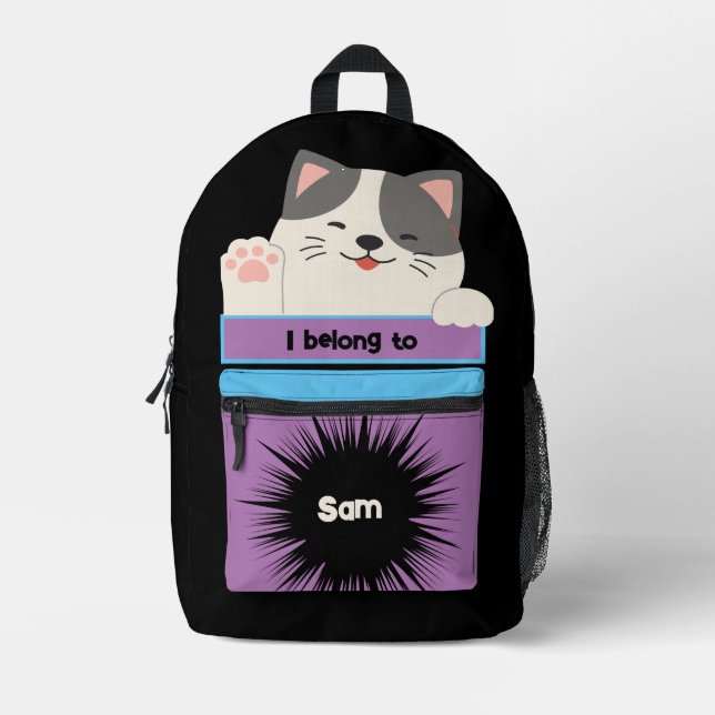 Bag Buddy Cute Grey & White Waving Kitty Backpack (Front)