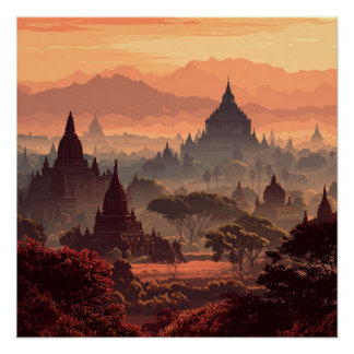 Bagan Myanmar Ancient Temples Vintage  Poster