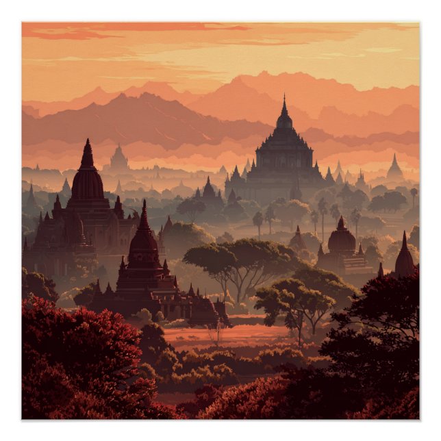 Bagan Myanmar Ancient Temples Vintage  Poster (Front)