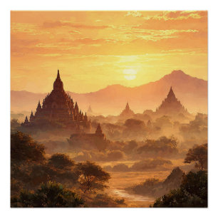 Bagan Myanmar Dry Desert With Temples Vintage Poster