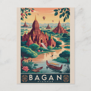 Bagan Myanmar Vintage Travel Poster Temple Art Holiday Postcard
