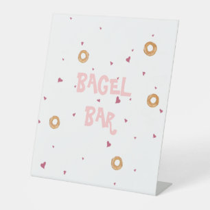 "BAGEL BAR" Cute White Hearts & Bagels Pedestal Sign
