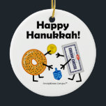 Bagel & Cream Cheese - Happy Hanukkah! Ceramic Tree Decoration<br><div class="desc">Jewish food BFFs—Bagel & Cream Cheese—greet each other warmly at Hanukkah and play with a dreidel for chocolate coins (gelt). Part of my "Friendly Foods" collection... click on Store link below to see them all. YOU CAN CHANGE THE BACKGROUND TO ANY COLOR YOU WANT!</div>
