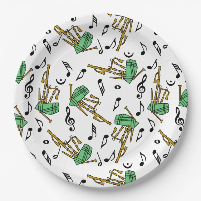 Bagpipe Music Notes Pattern Paper Plate (Front)