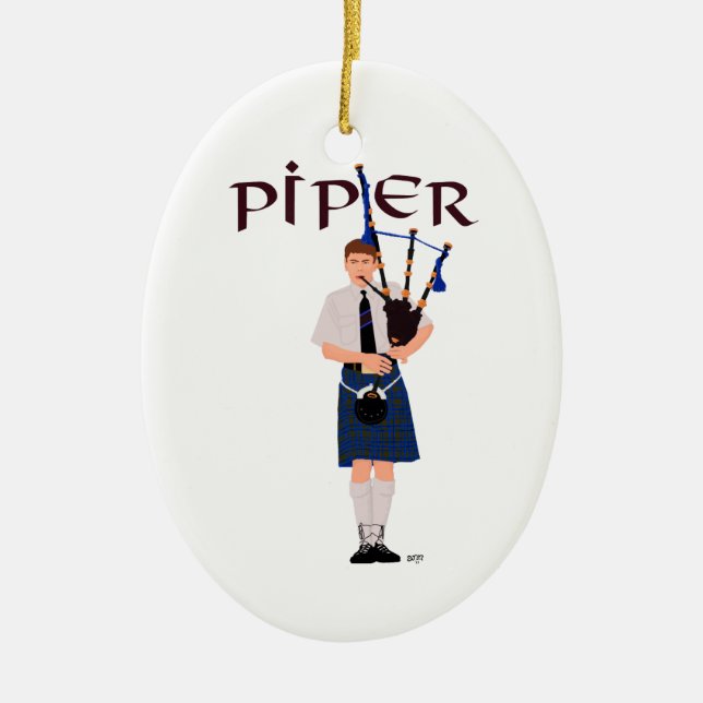 Bagpiper - Blue Kilt Ceramic Tree Decoration (Front)