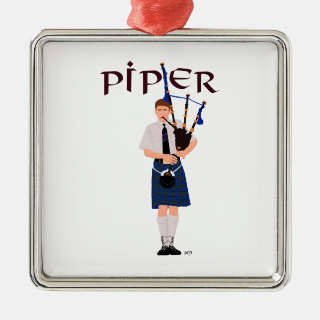 Bagpiper - Blue Kilt Metal Tree Decoration (Front)