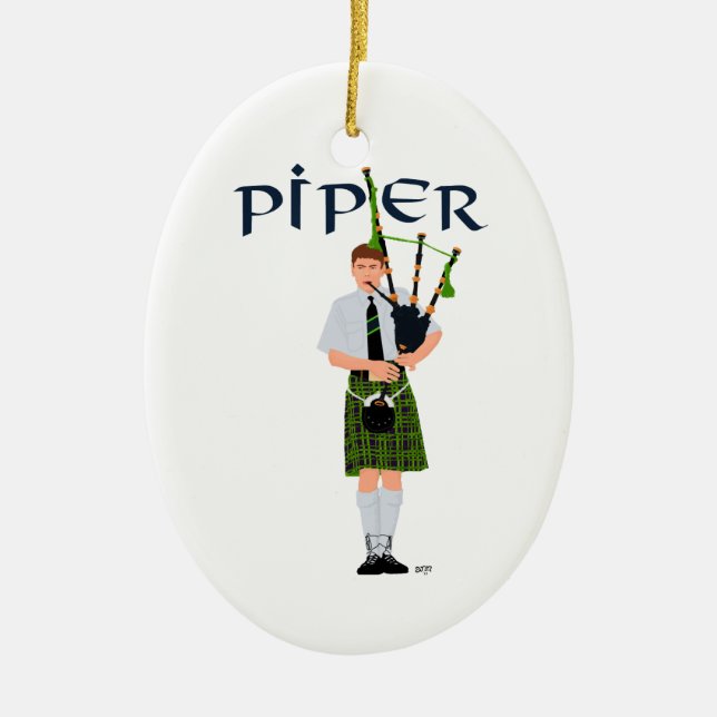 Bagpiper - Green Kilt Ceramic Tree Decoration (Front)
