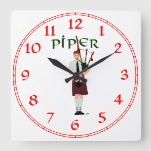 Bagpiper - Red Kilt Square Wall Clock