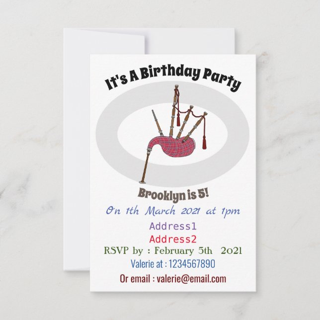 Bagpipes cartoon illustration invitation (Front)