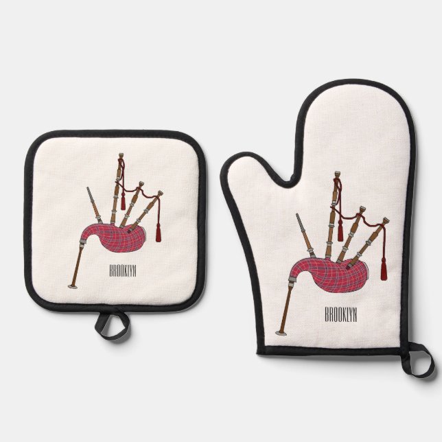 Bagpipes cartoon illustration  oven mitt & pot holder set (Front)