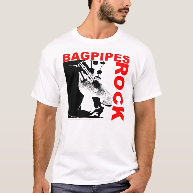 Bagpipes rock on white tee shirt (Front)