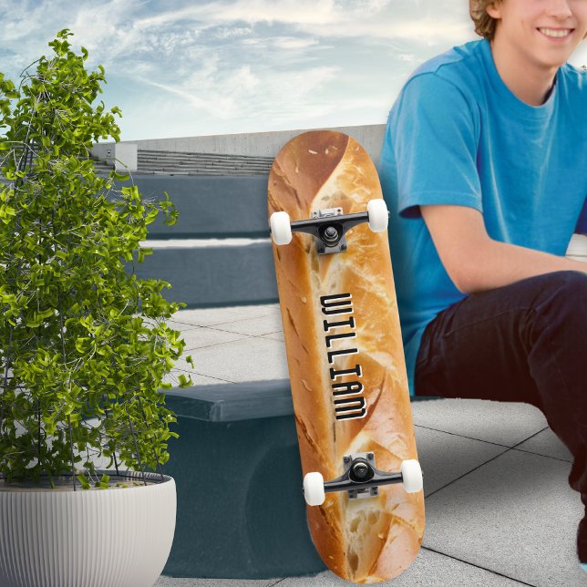 Baguette Bread Funny Novelty Cool Personalized Skateboard (A skateboard made to look like a baguette, personalized with a name)