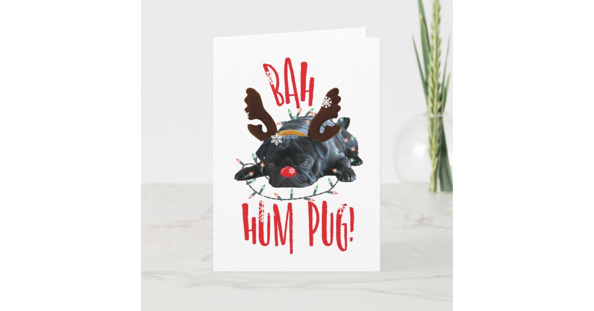 Bah Hum Pug Black Pug Christmas Reindeer Holiday Card | Zazzle