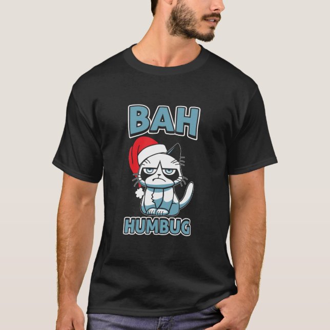 Bah Humbug Cat Santa Hat Anti Xmas Grumpy Scrooge T-Shirt (Front)