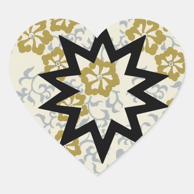 Baha'i Star on Gold and Silver Background Heart Sticker (Front)