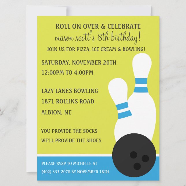 Bahama Blue Roll On Over Bowling Birthday Party Invitation (Front)