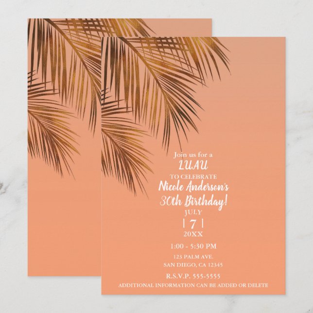Bahama Breeze Bronze Palm Coral Birthday Party Invitation (Front/Back)
