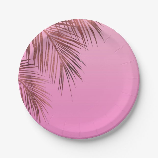 Bahama Breeze Bronze Rose Gold Palm Pink Wedding Paper Plate (Front)