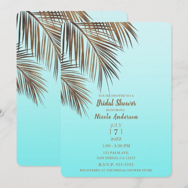 Bahama Breeze Copper Palm Aqua Blue Bridal Shower Invitation (Front/Back)