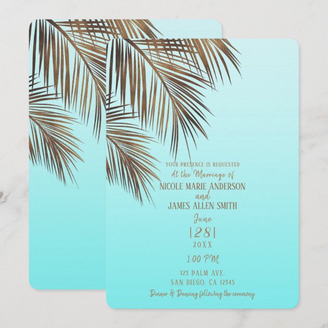 Bahama Breeze Copper Palm Aqua Sea Blue Wedding Invitation (Front/Back)