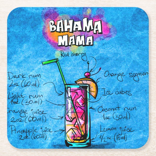 Bahama Mama Cocktail Recipe Custom Square Coaster (Front)