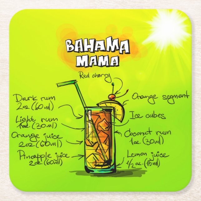 Bahama Mama Cocktail Recipe Custom Square Coaster (Front)
