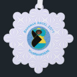 Bahaman Flag Black Angel Personalised Tree Decoration Card<br><div class="desc">On these personalised paper ornament cards, a Black angel wears the flag of Bahama and flies in the centre of a digitally created, textured, blue, fractal circle. The primary colours in this design are blue and white, chosen with Hanukkah in mind. Blue letters read BAHAMAN ANGEL and make a space...</div>