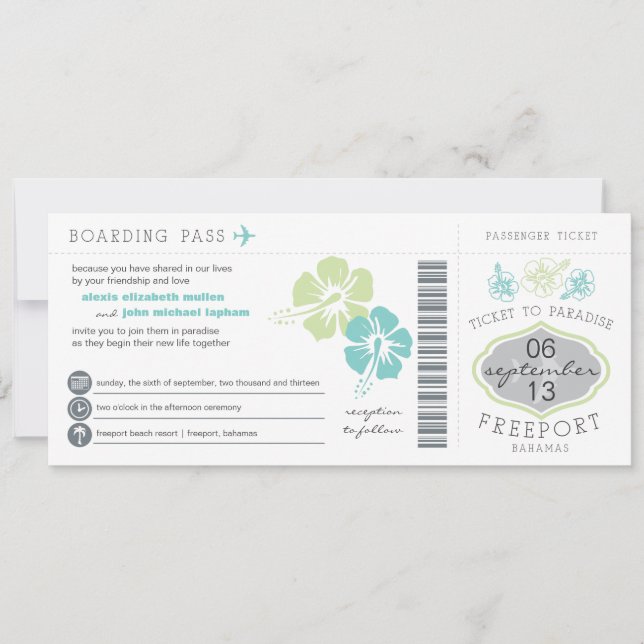 Bahamas Boarding Pass Wedding Invitation (Front)