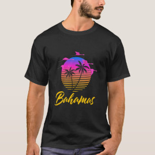 Bahamas Caribbean Retro Sunset Palm Tree Flamingo T-Shirt