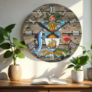 Bahamas Clock, Rustic wood, Bahamas flag Round Clock