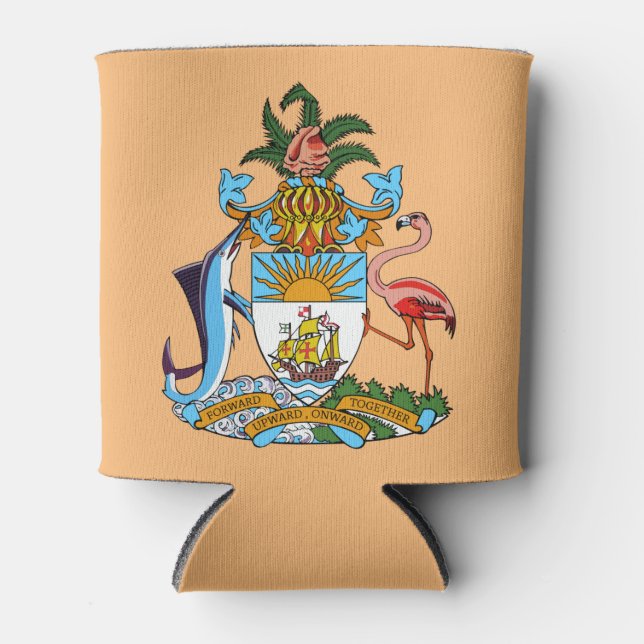 Bahamas Coat of Arms - Marlin, Flamingo, Conch Can Cooler (Front)
