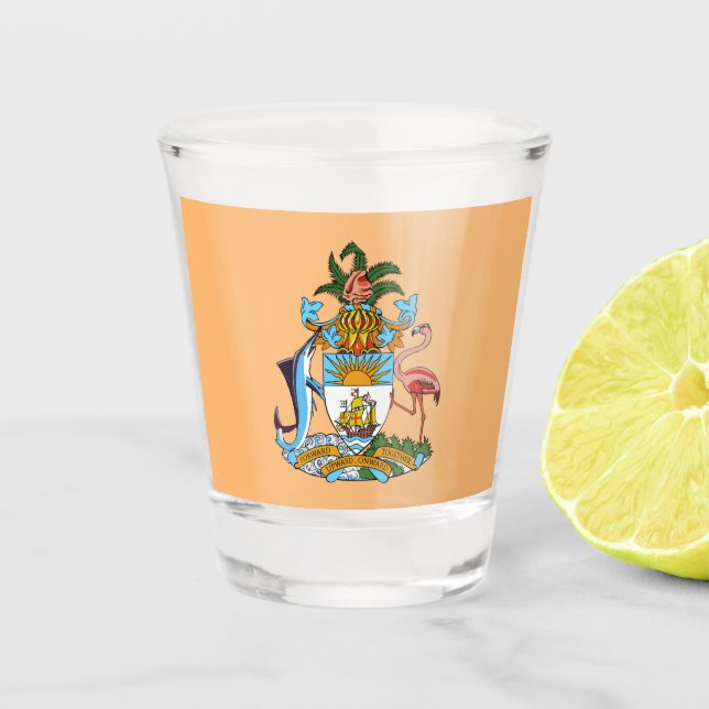 Bahamas Coat of Arms - Marlin, Flamingo, Conch Shot Glass (Front)