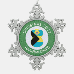 Bahamas Flag Angel Christmas Green Snowflake Pewter Christmas Ornament