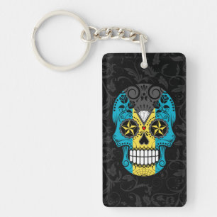 Bahamas Flag Sugar Skull with Roses Key Ring